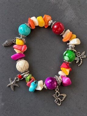 Hungarian Beaded Charm Stretch Bracelet Starfish Butterfly Dragonfly